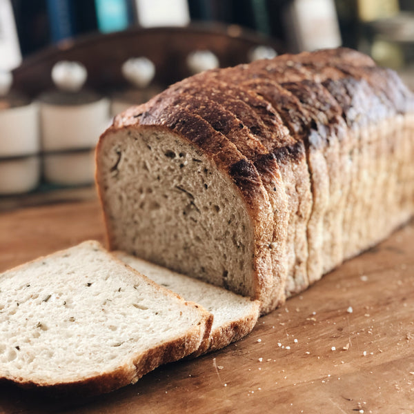 Artisan Bread: Garlic & Rosemary Sourdough Loaf (sliced)